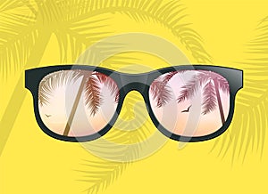 Hello summer fun background concept. Vector sunglass beach palm vacation design illustration