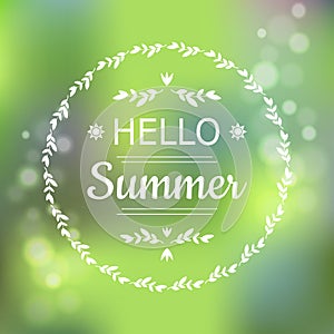 Hello Summer green card design with a textured abstract background and text in round frame, vector illustration.