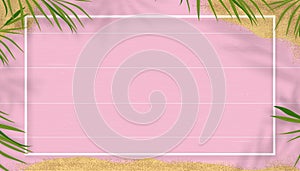 Hello summer with green nature tropical palm leaf with shadow on pink wooden background for Travel,Vacation concept.Top view