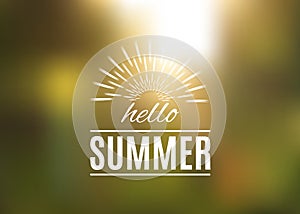 Hello Summer greeting card on blurred background. Vector