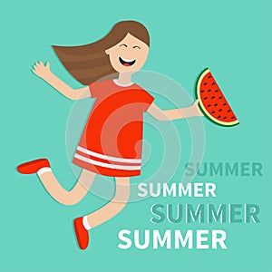 Hello summer greeting card. Girl jumping Happy child jump. Cute cartoon laughing character in red dress holding watermelon slice.