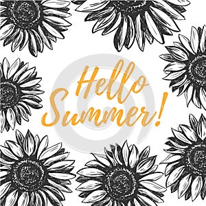 Hello summer greeting card with sunflowers.