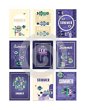 Hello, Summer greeting cards set, holidays, travel and fishing vector Illustrations, design element for banner or poster