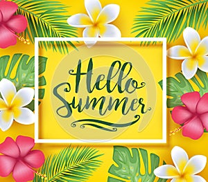 Hello Summer Greeting Inside Frame Creative Design with Flowers and Palm Tree Leaves