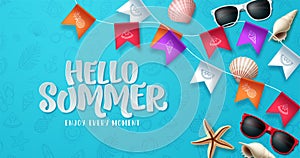 Hello summer greeting vector design. Summer text in blue space