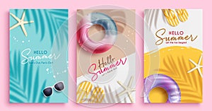 Hello summer greeting vector poster set design. Summer hello text with beach floaters