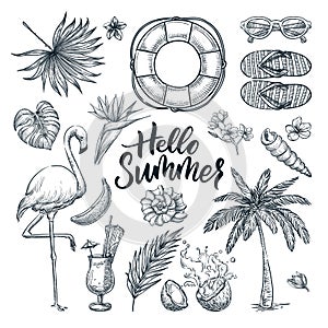 Hello summer hand drawn calligraphy lettering and tropical design elements set. Vector sketch illustration