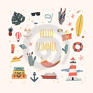 Hello Summer. Hand drawn doodle summer illustration with palm leaf, lighhouse, swimsuit, cactus, surfboard, pineapple