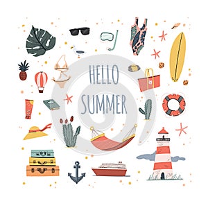 Hello Summer. Hand drawn doodle summer illustration with palm leaf, lighhouse, swimsuit, cactus, surfboard, pineapple