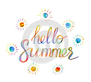 Hello Summer hand drawn lettering on a white background, with su