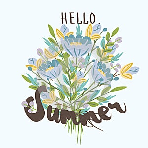 Hello, summer. Hand drawn post card template with bouquet of blu