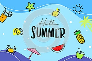 Hello summer hand drawn style with decoration on blue background