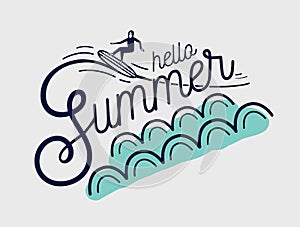Hello Summer hand lettering written with creative cursive font and decorated with surfer surfing waves. Stylish
