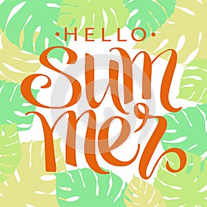 Hello summer, hand paint vector lettering on a abstract tropical palm leaves frame, summer design.