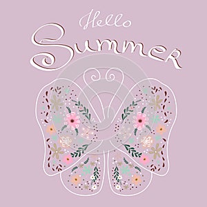 Hello summer. Hand written text. Butterfly with flowers. Vector illustration