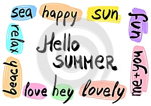 Hello summer hand written words on the hand drawn background