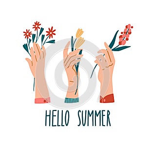 Hello summer. Hands with bouquets card, banner, poster