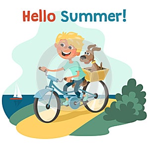 Hello summer! Happy boy rides a bicycle