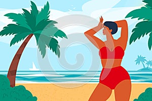 Hello summer. Happy young woman on a tropical beach wearing red swimwear. Summertime. Sea, sky, palms and beautiful