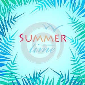 Hello Summer Holiday poster. Traveling template poster. Party poster with palm leaf and lettering summer time.