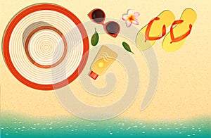 Hello Summer holidays banners design. With boat, life buoy, surfboard, glasses, flip flop, hat,flower, starfish, coconut