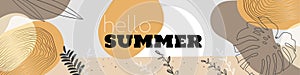 Hello Summer horizontal banner template in sandy colors. Beach abstract landscape view with tropical plants and hand drawn element