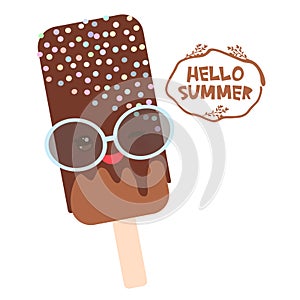 Hello Summer ice cream, ice lolly brown chocolate, Kawaii with sunglasses pink cheeks and winking eyes, pastel colors on white bac