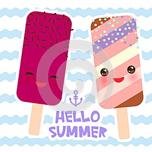 Hello Summer ice cream, ice lolly, Kawaii with pink cheeks and winking eyes, pastel colors card design, banner template on blue wa