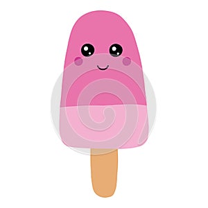 Hello Summer ice cream, ice lolly pink, Kawaii with pink cheeks and eyes, isolated on white background. Vector