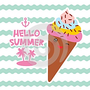 Hello Summer Ice cream waffle cone Kawaii funny muzzle with pink cheeks and winking eyes, pastel colors card design, banner templa
