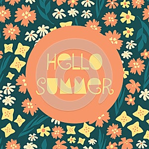 Hello Summer illustrated feminine vector banner collage style with text, colorful various flowers beige blue teal yellow orange