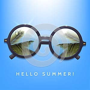 Hello summer illustration. Palms reflection in round sunglasses. Blue sky background. Flecks of sunlight.