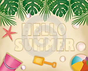 hello summer illustration vector with beach sand background for banner, sns post, paster, card