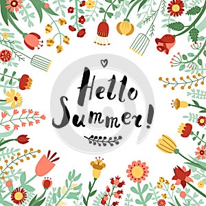 Hello summer ink handwritten lettering illustration with floral frame.