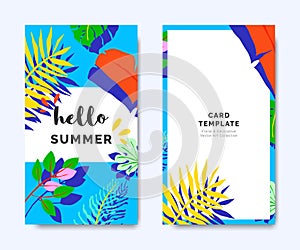 Hello summer invitation card template design, tropical plants on blue, colorful vibrant tones