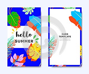 Hello summer invitation card template design, tropical plants on blue, colorful vibrant tones