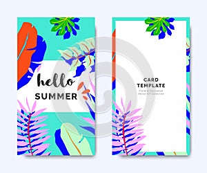 Hello summer invitation card template design, tropical plants on cyan, colorful vibrant tones