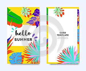 Hello summer invitation card template design, tropical plants on yellow, colorful vibrant tones