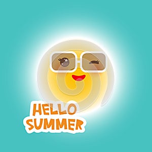 Hello Summer Kawaii funny yellow sun with sunglasses pink cheeks and eyes on blue sky background. Hot summer day. Bright sun and b