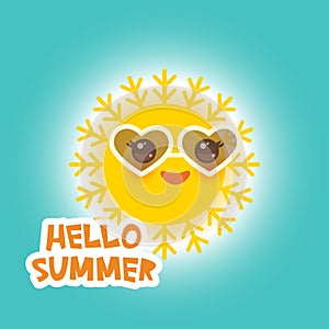 Hello Summer Kawaii funny yellow sun with sunglasses pink cheeks and eyes on blue sky background. Hot summer day. Bright sun and b