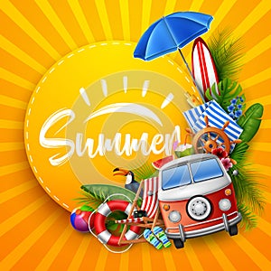 Hello Summer with leaves tropical, round paper, banner, poster, on striped Summer background
