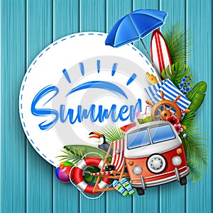 Hello Summer with leaves tropical, round paper, banner, poster, on wooden background