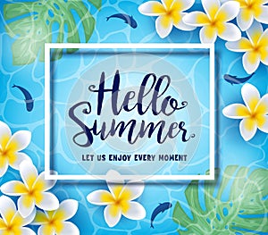 Hello Summer Let Us Enjoy Every Moment Greeting Inside Frame Floating in Water Background