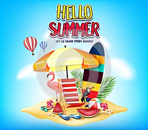 Hello Summer Let Us Enjoy Every Moment Message in Cloudy Blue Background with Realistic Toucan, Flamingo, Watermelon