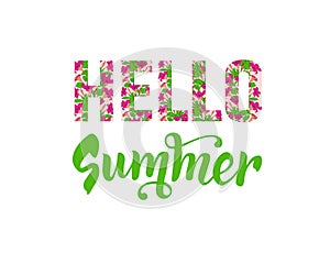 Hello summer lettering. Floral text. Isolated inscription with flower pattern