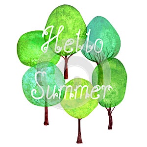 Hello Summer lettering green trees set banner watercolour background