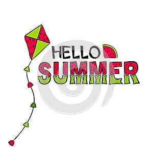 Hello summer lettering with hand-drawn watermellon