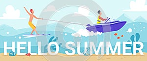Hello summer lettering, people water skiing in waves of tropical sea, riding waterski