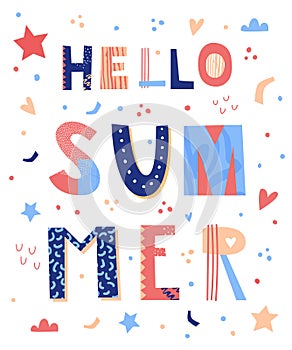 Hello summer lettering poster. Hand drawn text.