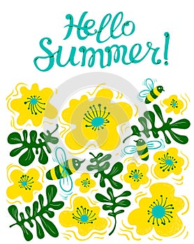 Hello summer lettering. Seasonal card with cute bee and flowers